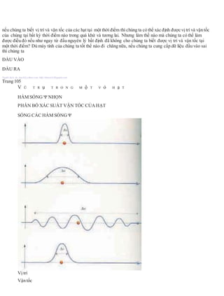 nếu chúng ta biết vị trí và vận tốc của các hạt tại một thời điểm thì chúng ta có thể xác định được vị trí và vận tốc
của chúng tại bất kỳ thời điểm nào trong quá khứ và tương lai. Nhưng làm thế nào mà chúng ta có thể làm
được điều đó nếu như ngay từ đầu nguyên lý bất định đã không cho chúng ta biết được vị trí và vận tốc tại
một thời điểm? Dù máy tính của chúng ta tốt thế nào đi chăng nữa, nếu chúng ta cung cấp dữ liệu đầu vào sai
thì chúng ta
ĐẦU VÀO
ĐẦU RA
Người dịch: da_trạch@yahoo.com; http://datrach.blogspot.com
Trang 105
V Ũ T R ụ T R O N G M ộ T V ỏ H ạ T
HÀM SÓNG NHỌN
PHÂN BỐ XÁC SUẤT VẬN TỐC CỦA HẠT
SÓNG CÁC HÀM SÓNG 
Vị trí
Vận tốc
 