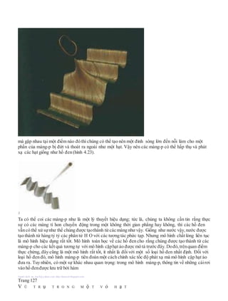 mà gặp nhau tại một điểm nào đó thì chúng có thể tạo nên một đỉnh sóng lớn đến nỗi làm cho một
phần của màng-p bị đứt và thoát ra ngoài như một hạt. Vậy nên các màng-p có thể hấp thụ và phát
xạ các hạt giống như hố đen (hình 4.23).
Ta có thể coi các màng-p như là một lý thuyết hiệu dụng; tức là, chúng ta không cần tin rằng thực
sự có các màng tí hon chuyển động trong một không thời gian phẳng hay không, thì các hố đen
vẫn có thể xử sựnhư thể chúng được tạothành từ các màng như vậy. Giống như nước vậy, nước được
tạo thành từ hàng tỷ tỷ các phân tử H O với các tương tác phức tạp. Nhưng mô hình chất lỏng liên tục
là mô hình hiệu dụng rất tốt. Mô hình toán học về các hố đen cho rằng chúng được tạo thành từ các
màng-p cho các kết quả tương tự với mô hình cặphạt ảo được mô tả trước đây. Dođó, trênquan điểm
thực chứng, đây cũng là một mô hình rất tốt, ít nhất là đối với một số loại hố đen nhất định. Đối với
loại hố đen đó, mô hình màng-p tiên đoán một cách chính xác tốc độ phát xạ mà mô hình cặp hạt ảo
đưa ra. Tuy nhiên, có một sự khác nhau quan trọng: trong mô hình màng-p, thông tin về những cáirơi
vào hố đenđược lưu trữ bởi hàm
Người dịch: da_trạch@yahoo.com; http://datrach.blogspot.com
Trang 127
V Ũ T R ụ T R O N G M ộ T V ỏ H ạ T
2
 