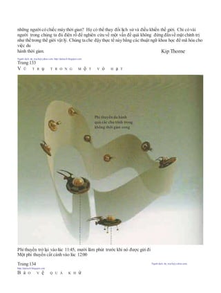 những người có chiếc máy thời gian? Họ có thể thay đổi lịch sử và điều khiển thế giới. Chỉ có vài
người trong chúng ta đủ điên rồ để nghiên cứu về một vấn đề quá không đứng đắnvề mặt chính trị
như thế trong thế giới vật lý. Chúng ta che đậy thực tế này bằng các thuật ngữ khoa học để mã hóa cho
việc du
hành thời gian. Kip Thorne
Người dịch: da_trạch@yahoo.com; http://datrach.blogspot.com
Trang 133
V Ũ T R ụ T R O N G M ộ T V ỏ H ạ T
Phi thuyền trở lại vào lúc 11:45, mười lăm phút trước khi nó được gửi đi
Một phi thuyền cất cánh vào lúc 12:00
Trang 134 Người dịch: da_trạch@yahoo.com;
http://datrach.blogspot.com
B ả O V ệ Q U Á K H ứ
Phi thuyền du hành
qua các chu trình trong
không thời gian cong
 