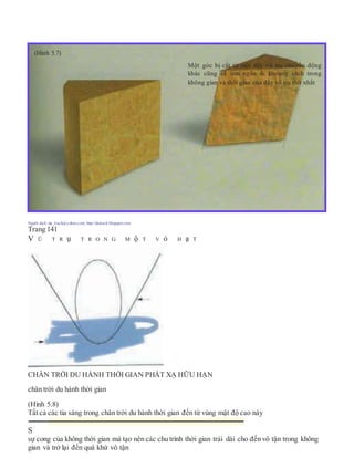 Người dịch: da_trạch@yahoo.com; http://datrach.blogspot.com
Trang 141
V Ũ T R ụ T R O N G M ộ T V ỏ H ạ T
CHÂN TRỜI DU HÀNH THỜI GIAN PHÁT XẠ HỮU HẠN
chân trời du hành thời gian
(Hình 5.8)
Tất cả các tia sáng trong chân trời du hành thời gian đến từ vùng mật độ cao này
S
sự cong của không thời gian mà tạo nên các chu trình thời gian trải dài cho đến vô tận trong không
gian và trở lại đến quá khứ vô tận
(Hình 5.7)
Một góc bị cắt từ một dây vũ trụ chuyển động
khác cũng sẽ làm ngắn đi khoảng cách trong
không gian và thời gian của dây vũ trụ thứ nhất
 