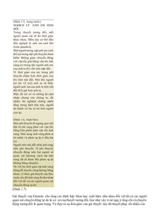 (Hình 1.7)
Giả thuyết của Einstein cho rằng các định luật khoa học xuất hiện như nhau đối với tất cả các người
quan sát chuyển động tự do là cơ sởcủa thuyết tương đối. Gọi như vậy vì nó ngụ ý rằng chỉ cóchuyển
động tương đối là quan trọng. Vẻ đẹp và sự đơn giản của giả thuyết này đã thuyết phục rất nhiều các
(Hình 1.5, trang trước)
NGHỊCH LÝ ANH EM SINH
ĐÔI
Trong thuyết tương đối, mỗi
người quan sát sẽ đo thời gian
khác nhau. Điều này có thể dẫn
đến nghịch lý anh em sinh đôi
(twin paradox).
Một người trong cặp anh em sinh
đôi (a) trong một phithuyền thám
hiểm không gian chuyển động
với vận tốc gần bằng vận tốc ánh
sáng (c) trong khi người anh em
của anh ta (b) vẫn trên mặt đất.
Vì thời gian của (a) trong phi
thuyền chậm hơn thời gian của
(b) trên trái đất. Nên khi người
(a) trở về (a2) anh ta sẽ thấy
người anh emcủa anh ta trên trái
đất (b2) già hơn anh ta.
Mặc dù nó có vẻ chống lại cảm
nhận chung của chúng ta, rất
nhiều thí nghiệm chứng minh
rằng trong kịch bản này, người
du hành vũ trụ sẽ trẻ hơn người
còn lại.
(Hình 1.6, hình bên)
Một phi thuyền đi ngang qua trái
đất từ trái sang phải với vận tốc
bằng bốn phần năm vận tốc ánh
sáng. Một xung ánh sáng phát ra
từ cabin và phản xạ lại ở đầu kia
(a).
Người trên trái đất nhìn ánh sáng
trên phi thuyền. Vì phi thuyền
chuyển động nên hai ngưới sẽ
quan sát khoảng cách mà ánh
sáng đã đi được khi phản xạ lại
không bằng nhau(b).
Và với họ thời gian mà ánh sáng
dùng để truyền cũng không bằng
nhau, vì theo giả thuyết của Ein-
stein,tốc độ ánh sáng là như nhau
đối với tất cả các người quan sát
chuyển động tự do.
 