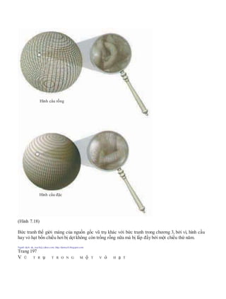 (Hình 7.18)
Bức tranh thế giới màng của nguồn gốc vũ trụ khác với bức tranh trong chương 3, bởi vì, hình cầu
hay vỏ hạt bốn chiều hơi bị dẹt không còn trống rỗng nữa mà bị lấp đầy bởi một chiều thứ năm.
Người dịch: da_trạch@yahoo.com; http://datrach.blogspot.com
Trang 197
V Ũ T R ụ T R O N G M ộ T V ỏ H ạ T
Hình cầu rỗng
Hình cầu đặc
 