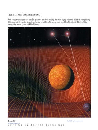 (Hình 1.13) ÁNH SÁNGBỊ BẺ CONG
Ánh sáng từ các ngôi sao đi đến gần mặt trời lệch hướng do khối lượng của mặt trời làm cong không
thời gian (a). Điều này làm dịch chuyển vị trí biểu kiến của ngôi sao khi nhìn từ trái đất (b). Hiện
tượng này có thể quan sát khi nhật thực.
Trang 20 Người dịch: da_trạch@yahoo.com;
http://datrach.blogspot.com
L Ư ợ C S ử V ề T H U Y ế T T Ư Ơ N G Đ ố I
 