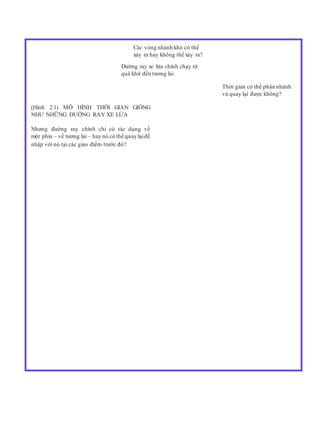 Các vòng nhánh khó có thể
xảy ra hay không thể xảy ra?
Đường ray xe lửa chính chạy từ
quá khứ đến tương lai
Thời gian có thể phân nhánh
và quay lại được không?
(Hình 2.1) MÔ HÌNH THỜI GIAN GIỐNG
NHƯ NHỮNG ĐƯỜNG RAY XE LỬA
Nhưng đường ray chính chỉ có tác dụng về
một phía – về tương lai – hay nó có thể quay lạiđể
nhập với nó tại các giao điểm trước đó?
 