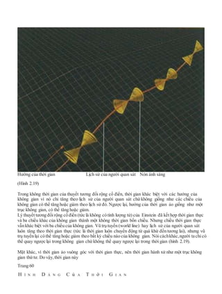 Hướng của thời gian Lịch sử của người quan sát Nón ánh sáng
(Hình 2.19)
Trong không thời gian của thuyết tương đối rộng cổ điển, thời gian khác biệt với các hướng của
không gian vì nó chỉ tăng theo lịch sử của người quan sát chứ không giống như các chiều của
không gian có thể tăng hoặc giảm theo lịch sử đó. Ngược lại, hướng của thời gian ảo giống như một
trục không gian, có thể tăng hoặc giảm.
Lý thuyết tương đối rộng cổ điển (tức là không có tính lượng tử) của Einstein đã kết hợp thời gian thực
và ba chiều khác của không gian thành một không thời gian bốn chiều. Nhưng chiều thời gian thực
vẫn khác biệt với ba chiều của không gian. Vũ trụ tuyến (world line) hay lịch sử của người quan sát
luôn tăng theo thời gian thực (tức là thời gian luôn chuyển động từ quá khứ đến tương lai), nhưng vũ
trụ tuyến lại có thể tăng hoặc giảm theo bất kỳ chiều nào của không gian. Nói cáchkhác,người ta chỉ có
thể quay ngược lại trong không gian chứ không thể quay ngược lại trong thời gian (hình 2.19).
Mặt khác, vì thời gian ảo vuông góc với thời gian thực, nên thời gian hành xử như một trục không
gian thứ tư. Do vậy, thời gian này
Trang 60
H Ì N H D Á N G C ủ A T H ờ I G I A N
 