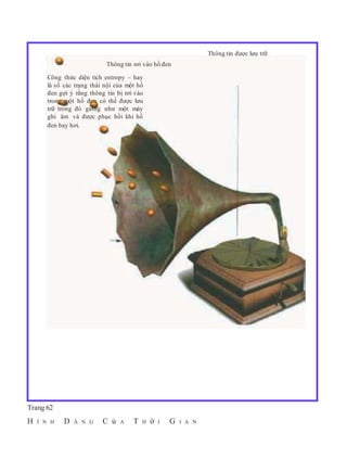 Trang 62
H Ì N H D Á N G C ủ A T H ờ I G I A N
Thông tin được lưu trữ
Thông tin rơi vào hố đen
Công thức diện tích entropy – hay
là số các trạng thái nội của một hố
đen gợi ý rằng thông tin bị rơi vào
trong một hố đen có thể được lưu
trữ trong đó giống như một máy
ghi âm và được phục hồi khi hố
đen bay hơi.
 