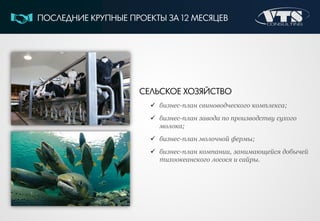 СЕЛЬСКОЕ ХОЗЯЙСТВО
 бизнес-план свиноводческого комплекса;
 бизнес-план завода по производству сухого
молока;
 бизнес-план молочной фермы;
 бизнес-план компании, занимающейся добычей
тихоокеанского лосося и сайры.
ПОСЛЕДНИЕ КРУПНЫЕ ПРОЕКТЫ ЗА 12 МЕСЯЦЕВ
 