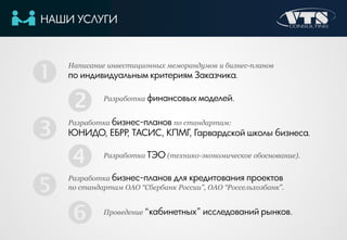 НАШИ УСЛУГИ
Разработка бизнес-планов по стандартам:
ЮНИДО, ЕБРР, ТАСИС, КПМГ, Гарвардской школы бизнеса.






Разработка бизнес-планов для кредитования проектов
по стандартам ОАО “Сбербанк России”, ОАО “Россельхозбанк”.
Проведение “кабинетных” исследований рынков.
Разработка ТЭО (технико-экономическое обоснование).
Написание инвестиционных меморандумов и бизнес-планов
по индивидуальным критериям Заказчика.
Разработка финансовых моделей.
 