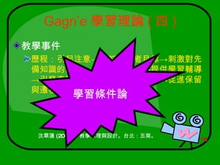 Gagn’e 學習理論 ( 四 )
教學事件
歷程：引起注意→告知學習者目標→刺激對先
備知識的回憶→呈現刺激材料→提供學習輔導
→引發表現→提供回饋→評估表現→促進保留
與遷移
        學習條件論


 沈翠蓮 (2001) ，教學原理與設計。台北：五南。
 