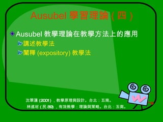 Ausubel 學習理論 ( 四 )
Ausubel 教學理論在教學方法上的應用
 講述教學法
 闡釋 (expository) 教學法




 沈翠蓮 (2001) ，教學原理與設計。台北：五南。
  林進材 ( 民 89) ，有效教學：理論與策略。台北：五南。
 
