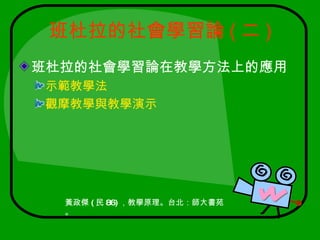 班杜拉的社會學習論 ( 二 )
班杜拉的社會學習論在教學方法上的應用
示範教學法
觀摩教學與教學演示




  黃政傑 ( 民 86) ，教學原理。台北：師大書苑
  。
 