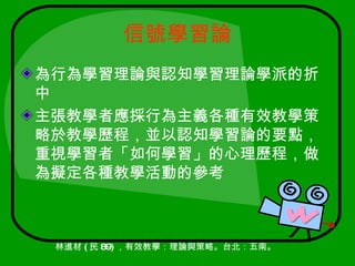 信號學習論
為行為學習理論與認知學習理論學派的折
中
主張教學者應採行為主義各種有效教學策
略於教學歷程，並以認知學習論的要點，
重視學習者「如何學習」的心理歷程，做
為擬定各種教學活動的參考



 林進材 ( 民 89) ，有效教學：理論與策略。台北：五南。
 