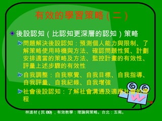 有效的學習策略 ( 二 )
後設認知（比認知更深層的認知）策略
問題解決後設認知：預測個人能力與限制、了
解策略使用時機與方法、確認問題性質、計劃
安排適當的策略及方法、監控計畫的有效性、
評量上述步驟的有效性
自我調整：自我察覺、自我目標、自我指導、
自我評量、自我紀錄、自我增強
社會後設認知：了解社會溝通及適應社會的歷
程
 林進材 ( 民 89) ，有效教學：理論與策略。台北：五南。
 