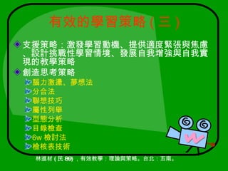 有效的學習策略 ( 三 )
支援策略：激發學習動機、提供適度緊張與焦慮
、設計挑戰性學習情境、發展自我增強與自我實
現的教學策略
創造思考策略
 腦力激盪、夢想法
 分合法
 聯想技巧
 屬性列舉
 型態分析
 目錄檢查
 6w 檢討法
 檢核表技術
 林進材 ( 民 89) ，有效教學：理論與策略。台北：五南。
 