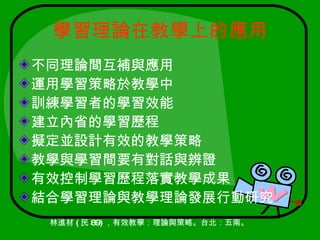 學習理論在教學上的應用
不同理論間互補與應用
運用學習策略於教學中
訓練學習者的學習效能
建立內省的學習歷程
擬定並設計有效的教學策略
教學與學習間要有對話與辨證
有效控制學習歷程落實教學成果
結合學習理論與教學理論發展行動研究
 林進材 ( 民 89) ，有效教學：理論與策略。台北：五南。
 