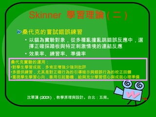Skinner 學習理論 ( 二 )
  桑代克的嘗試錯誤練習
   • 以貓為實驗對象，從多種亂撞亂跳錯誤反應中，選
     擇正確採踏板與特定刺激情境的連結反應
   • 效果率、練習率、準備率
桑代克實驗的運用：
•對學生學習成就，多肯定增強少強列批評
•多提供練習，尤其是對正確行為的引導暗示與錯誤行為的校正回饋
•重視學生學習心向，善用引起動機，給與充分學習信心與成就心理準備



    沈翠蓮 (2001) ，教學原理與設計。台北：五南。
 