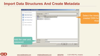 Import Data Structures And Create Metadata 
Select the newly 
created DSN for 
www.redpillanalytics.com info@redpillanalytics.com @RedPillA © 2014 RED PILL Analytics 
Hive 
18 
Add the user and 
password 
 