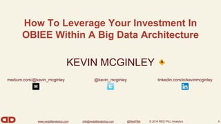 How To Leverage Your Investment In 
OBIEE Within A Big Data Architecture 
www.redpillanalytics.com info@redpillanalytics.com @RedPillA © 2014 RED PILL Analytics 
4 
KEVIN MCGINLEY 
medium.com/@kevin_mcginley @kevin_mcginley linkedin.com/in/kevinmcginley 
 