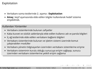 Exploitation
Veritabanı sızma testlerinde 2. as¸ama : Exploitation
Amac¸ : kes¸if as¸amasında elde edilen bilgiler kullanılarak hedef sisteme
eris¸ebilmek.
Kullanılan Y¨ontemler
Veritabanı sistemlerinde bulunan zaﬁyetler
Kaba kuvvet ve s¨ozl¨uk saldırılarıyla elde edilen kullanıcı adı ve parola bilgileri
˙Ic¸ a˘g testlerinde elde edilen veritabanı ba˘glantı bilgileri
Veritabanı sistemlerinde bulunan ve is¸letim sistemi ¨uzerinde komut
c¸alıs¸tırabilen mod¨uller
Veritabanı y¨onetici bilgisayarları ¨uzerinden veritabanı sistemlerine eris¸me
Veritabanı sisteminin kurulu oldu˘gu sunucuya eris¸im sa˘glayıp, sunucu
¨uzerinden veritabanı sistemlerine yetkili eris¸im sa˘glama
Dr. Ferhat ¨Ozg¨ur C¸ atak ozgur.catak@tubitak.gov.tr Veritabanı Sızma Testleri - Hafta 2 ˙Istanbul S¸ ehir ¨Universitesi 2016 - G¨uz 4 / 14
 