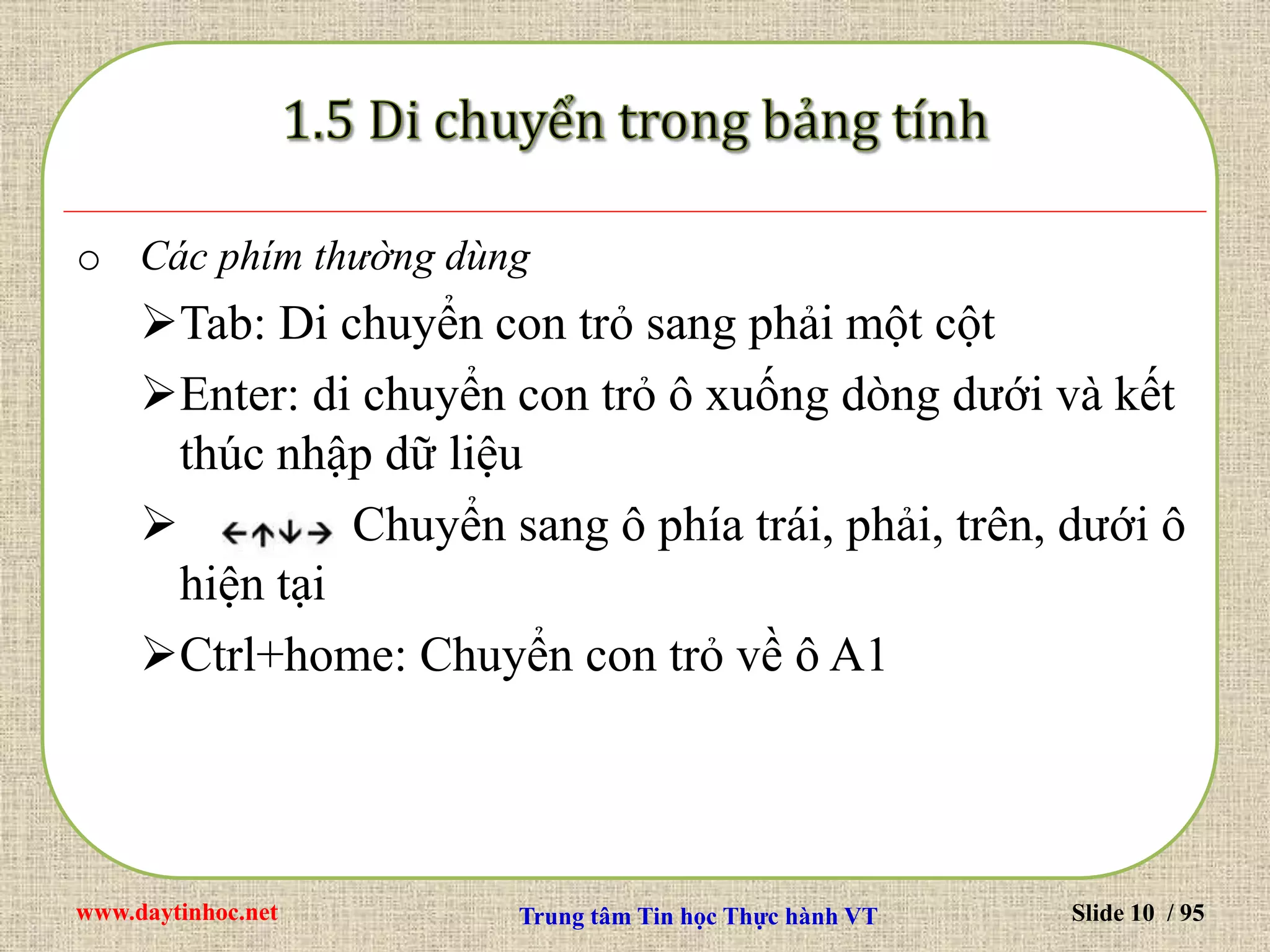 www.daytinhoc.net Trung tâm Tin học Thực hành VT Slide 10 / 95
o Các phím thường dùng
Tab: Di chuyển con trỏ sang phải một cột
Enter: di chuyển con trỏ ô xuống dòng dưới và kết
thúc nhập dữ liệu
 Chuyển sang ô phía trái, phải, trên, dưới ô
hiện tại
Ctrl+home: Chuyển con trỏ về ô A1
 