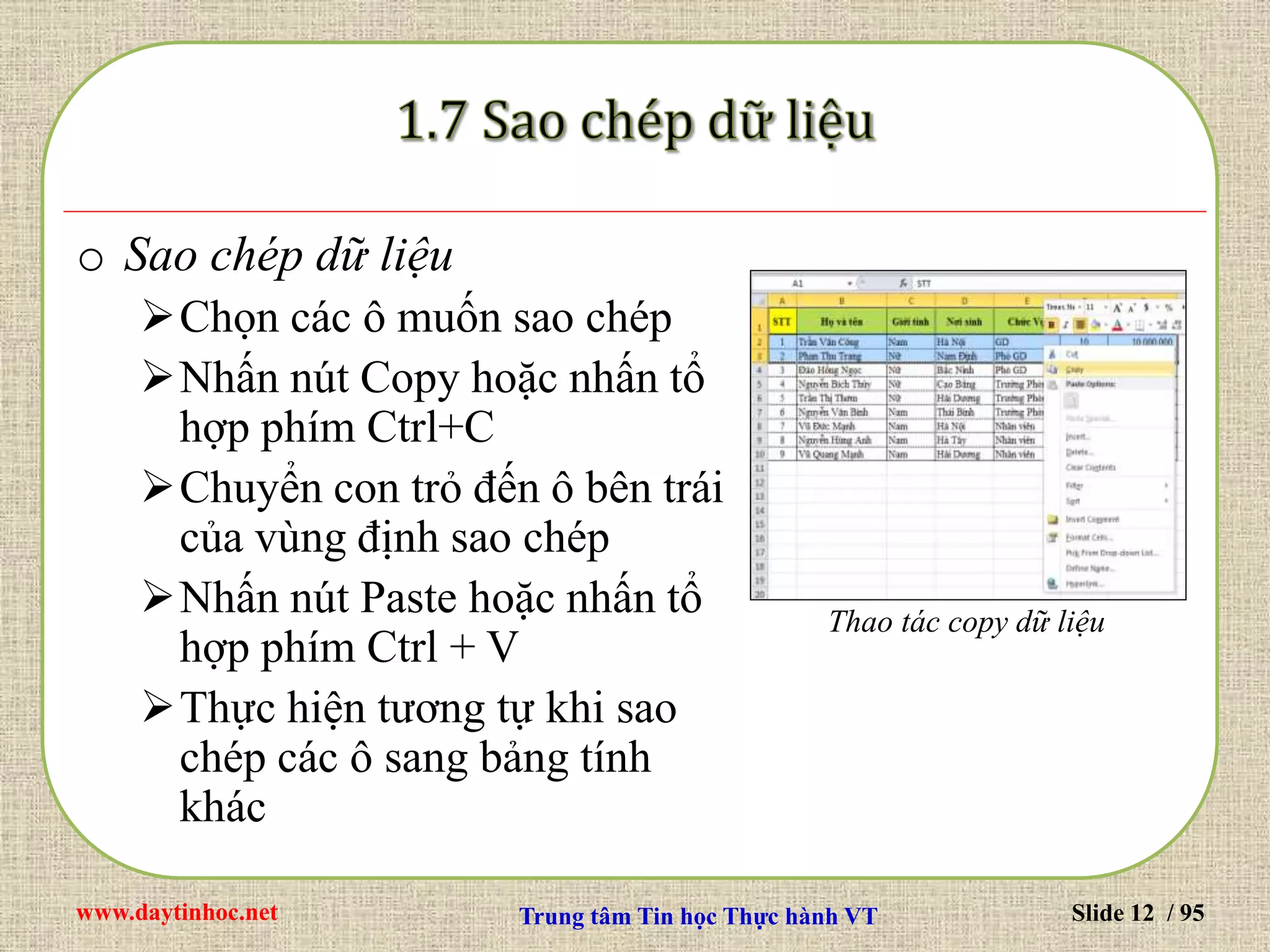 www.daytinhoc.net Trung tâm Tin học Thực hành VT Slide 12 / 95
o Sao chép dữ liệu
Chọn các ô muốn sao chép
Nhấn nút Copy hoặc nhấn tổ
hợp phím Ctrl+C
Chuyển con trỏ đến ô bên trái
của vùng định sao chép
Nhấn nút Paste hoặc nhấn tổ
hợp phím Ctrl + V
Thực hiện tương tự khi sao
chép các ô sang bảng tính
khác
Thao tác copy dữ liệu
 