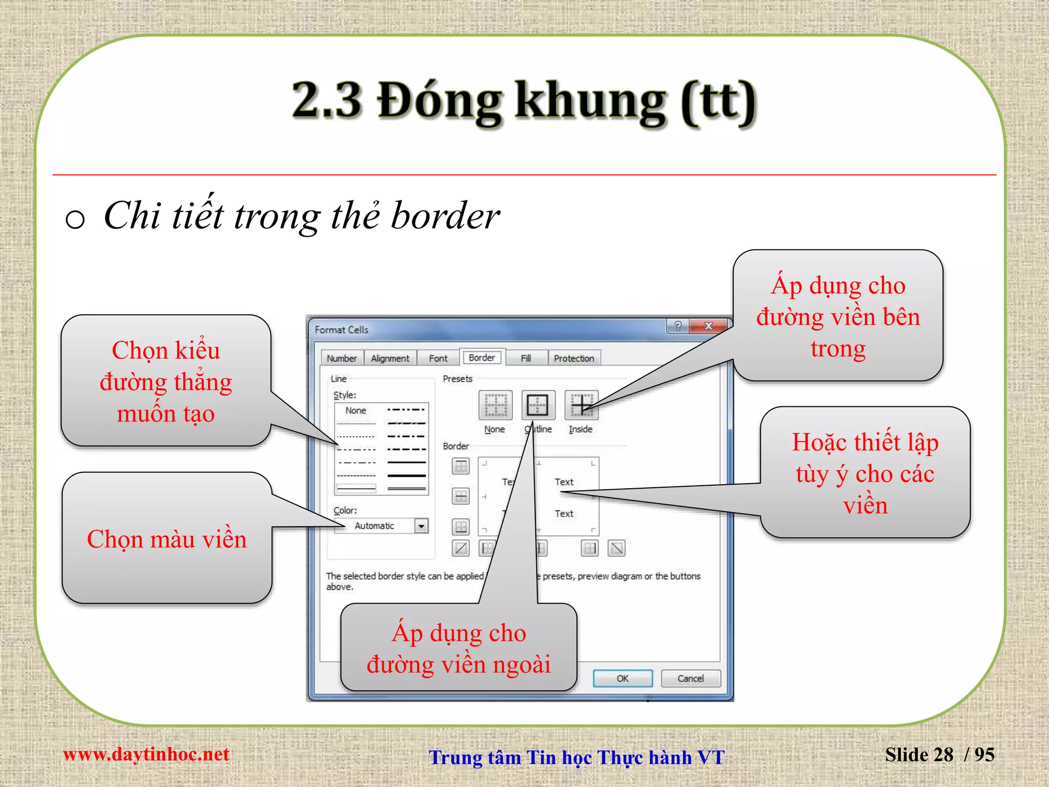 www.daytinhoc.net Trung tâm Tin học Thực hành VT Slide 28 / 95
o Chi tiết trong thẻ border
Chọn kiểu
đường thẳng
muốn tạo
Áp dụng cho
đường viền ngoài
Áp dụng cho
đường viền bên
trong
Hoặc thiết lập
tùy ý cho các
viền
Chọn màu viền
 