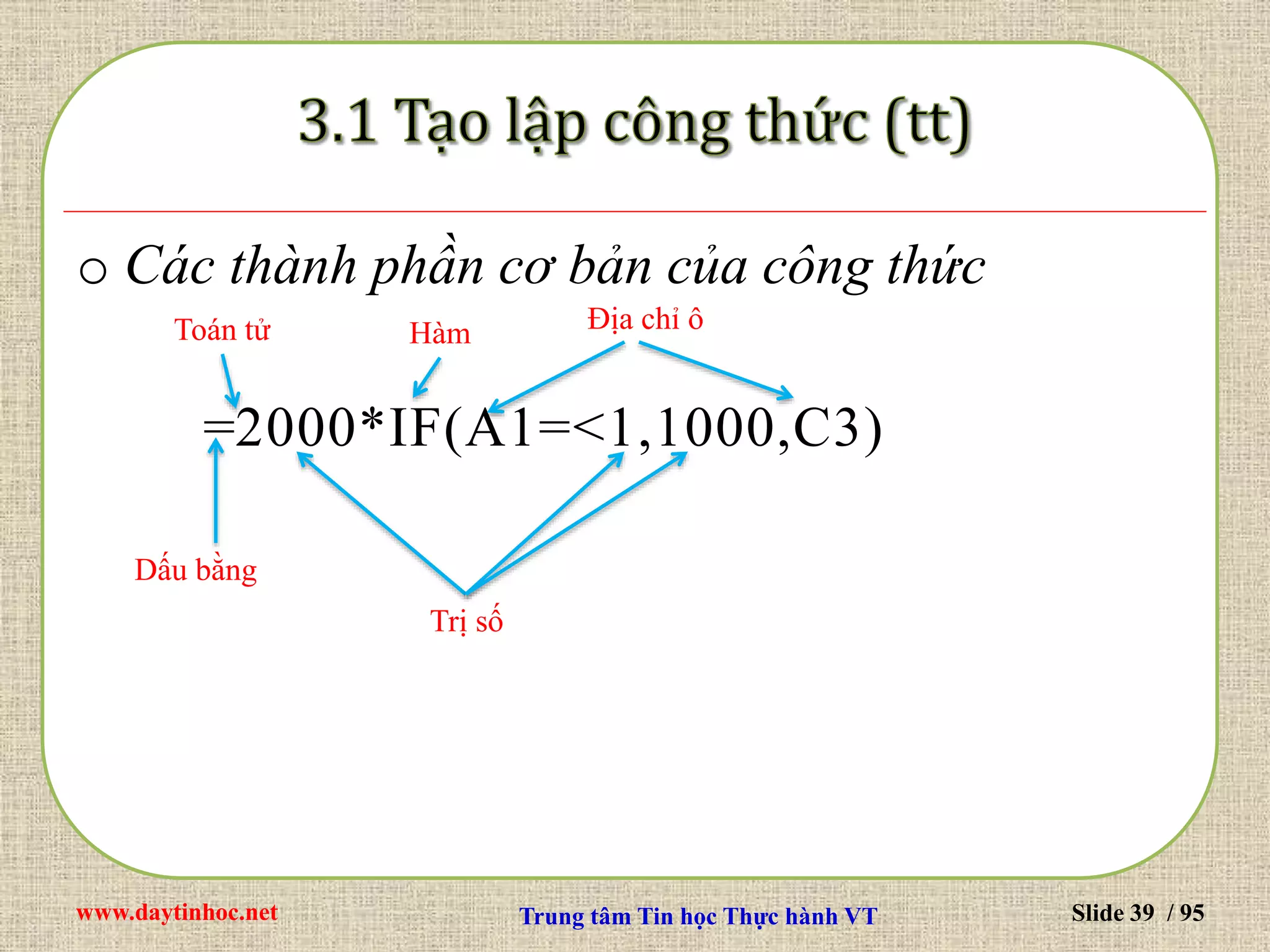 www.daytinhoc.net Trung tâm Tin học Thực hành VT Slide 39 / 95
o Các thành phần cơ bản của công thức
=2000*IF(A1=<1,1000,C3)
Dấu bằng
Trị số
Toán tử Địa chỉ ôHàm
 