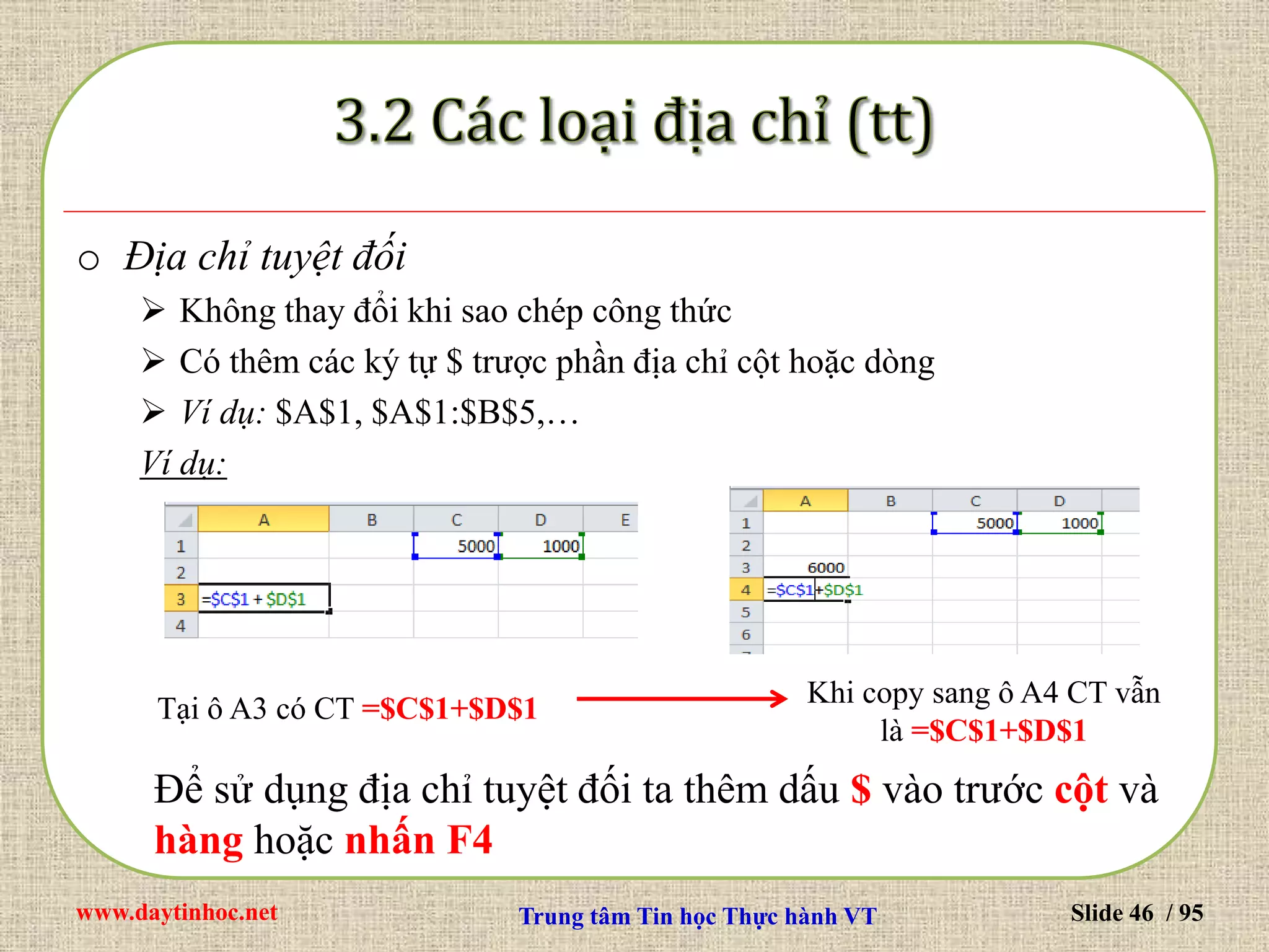 www.daytinhoc.net Trung tâm Tin học Thực hành VT Slide 46 / 95
o Địa chỉ tuyệt đối
 Không thay đổi khi sao chép công thức
 Có thêm các ký tự $ trược phần địa chỉ cột hoặc dòng
 Ví dụ: $A$1, $A$1:$B$5,…
Ví dụ:
Tại ô A3 có CT =$C$1+$D$1
Khi copy sang ô A4 CT vẫn
là =$C$1+$D$1
Để sử dụng địa chỉ tuyệt đối ta thêm dấu $ vào trước cột và
hàng hoặc nhấn F4
 