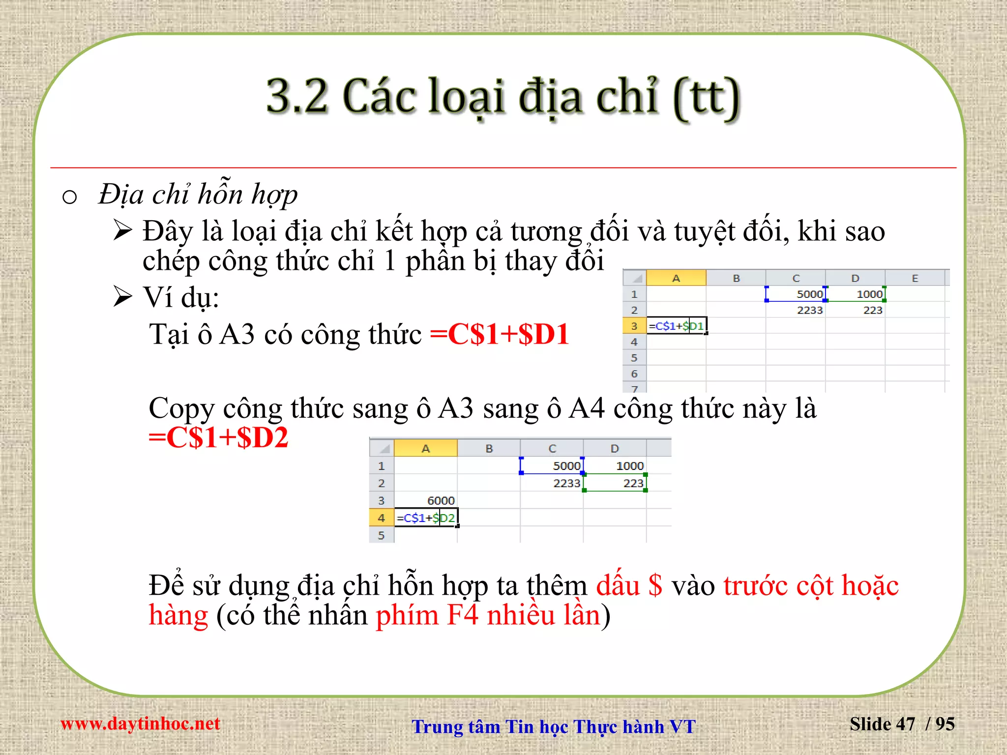 www.daytinhoc.net Trung tâm Tin học Thực hành VT Slide 47 / 95
o Địa chỉ hỗn hợp
 Đây là loại địa chỉ kết hợp cả tương đối và tuyệt đối, khi sao
chép công thức chỉ 1 phần bị thay đổi
 Ví dụ:
Tại ô A3 có công thức =C$1+$D1
Copy công thức sang ô A3 sang ô A4 công thức này là
=C$1+$D2
Để sử dụng địa chỉ hỗn hợp ta thêm dấu $ vào trước cột hoặc
hàng (có thể nhấn phím F4 nhiều lần)
 