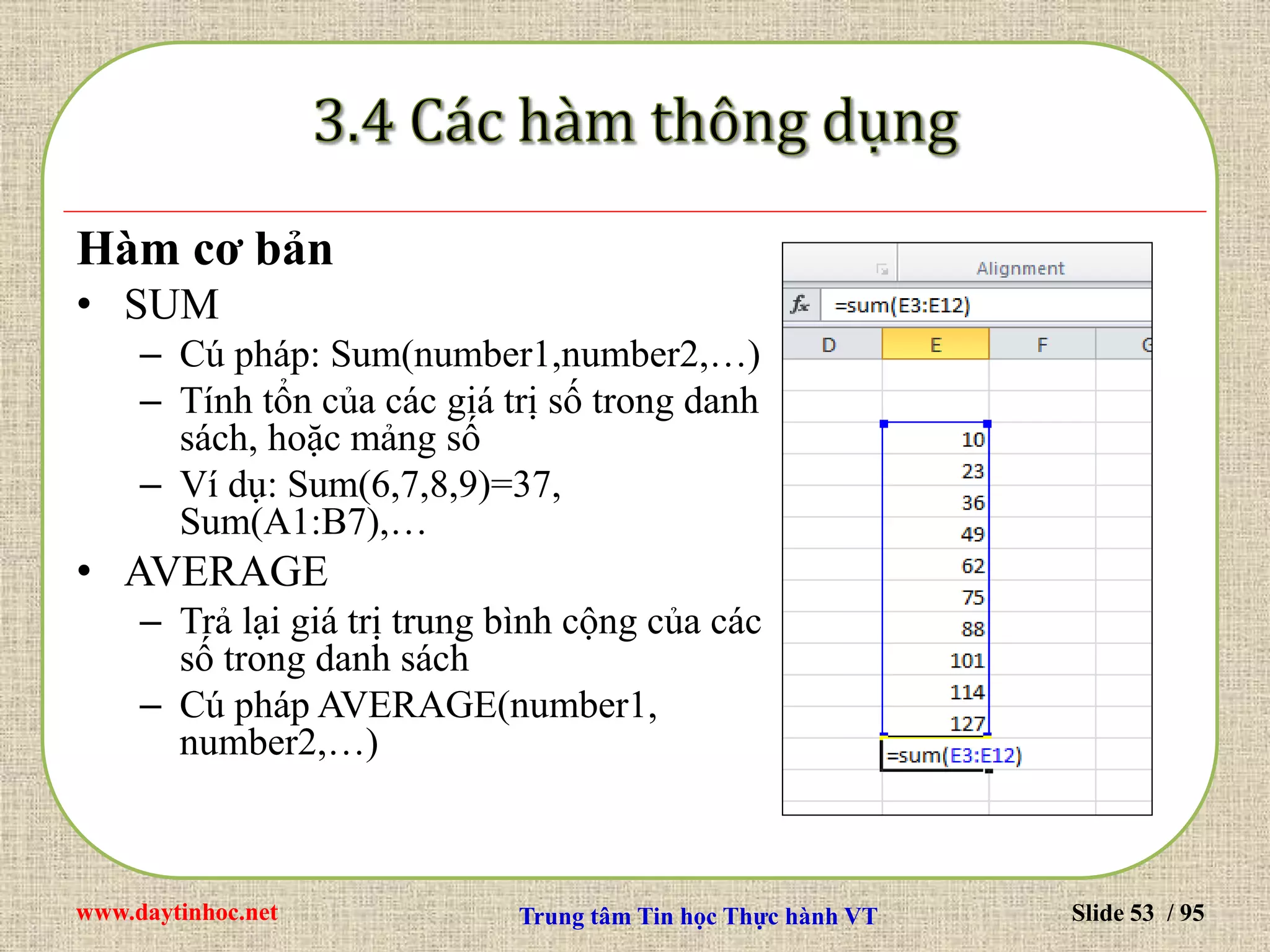 www.daytinhoc.net Trung tâm Tin học Thực hành VT Slide 53 / 95
Hàm cơ bản
• SUM
– Cú pháp: Sum(number1,number2,…)
– Tính tổn của các giá trị số trong danh
sách, hoặc mảng số
– Ví dụ: Sum(6,7,8,9)=37,
Sum(A1:B7),…
• AVERAGE
– Trả lại giá trị trung bình cộng của các
số trong danh sách
– Cú pháp AVERAGE(number1,
number2,…)
 