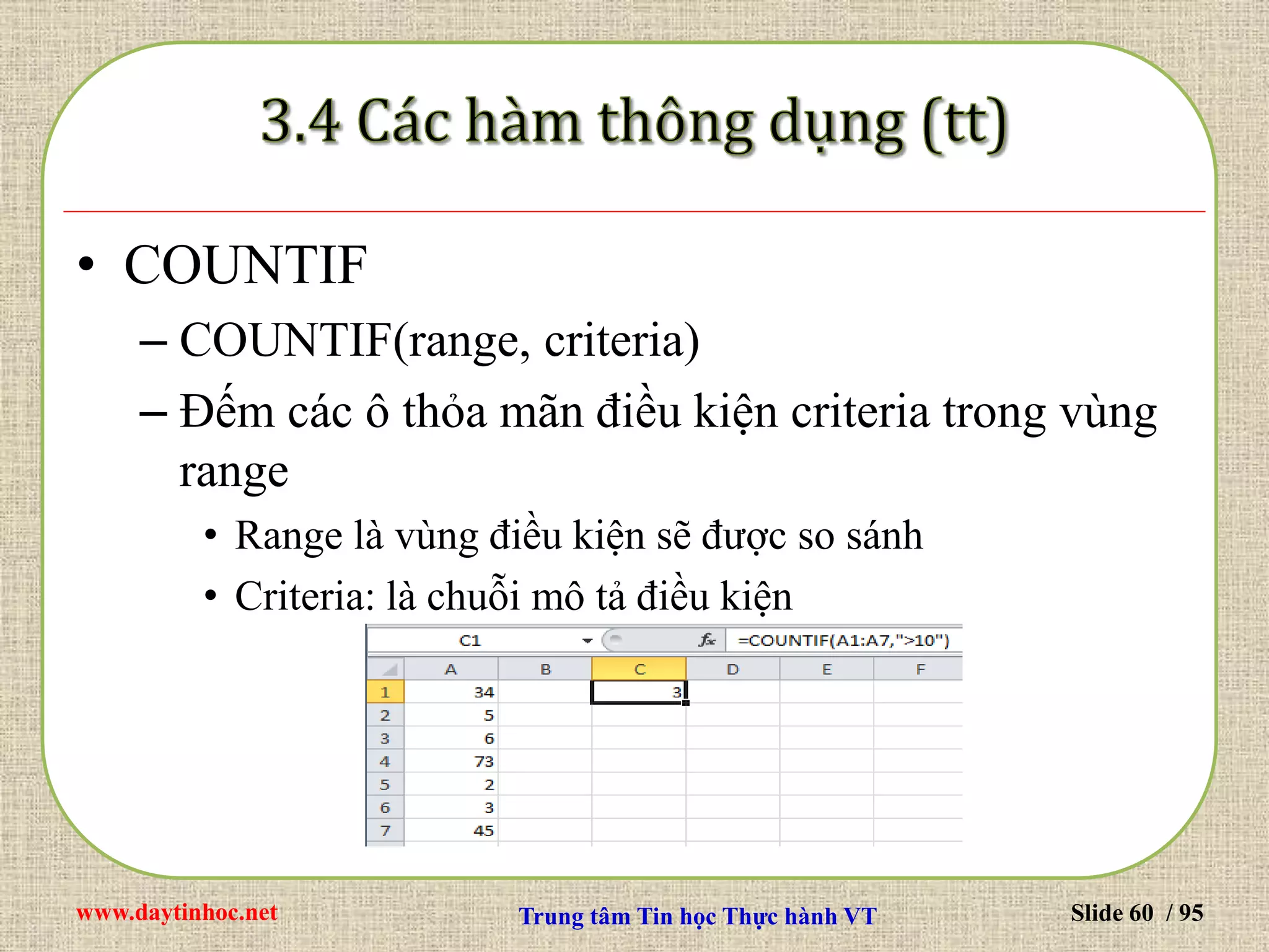 www.daytinhoc.net Trung tâm Tin học Thực hành VT Slide 60 / 95
• COUNTIF
– COUNTIF(range, criteria)
– Đếm các ô thỏa mãn điều kiện criteria trong vùng
range
• Range là vùng điều kiện sẽ được so sánh
• Criteria: là chuỗi mô tả điều kiện
 