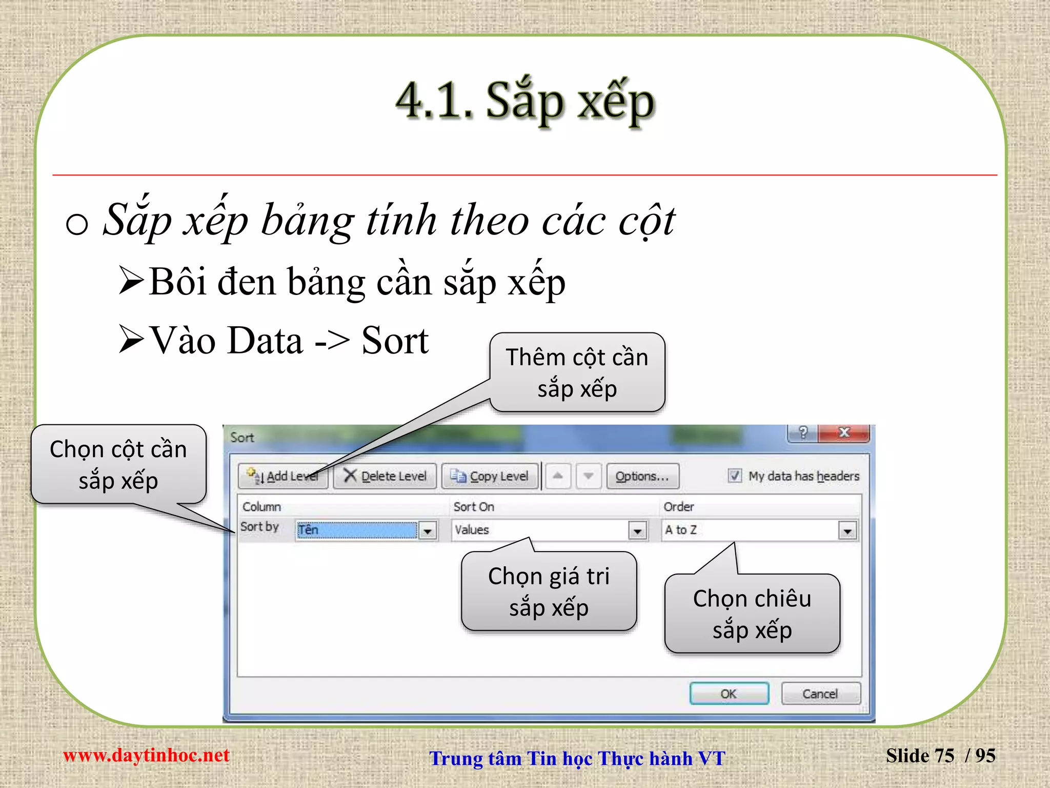 www.daytinhoc.net Trung tâm Tin học Thực hành VT Slide 75 / 95
o Sắp xếp bảng tính theo các cột
Bôi đen bảng cần sắp xếp
Vào Data -> Sort
Chọn cột cần
sắp xếp
Thêm cột cần
sắp xếp
Chọn giá tri
sắp xếp Chọn chiêu
sắp xếp
 