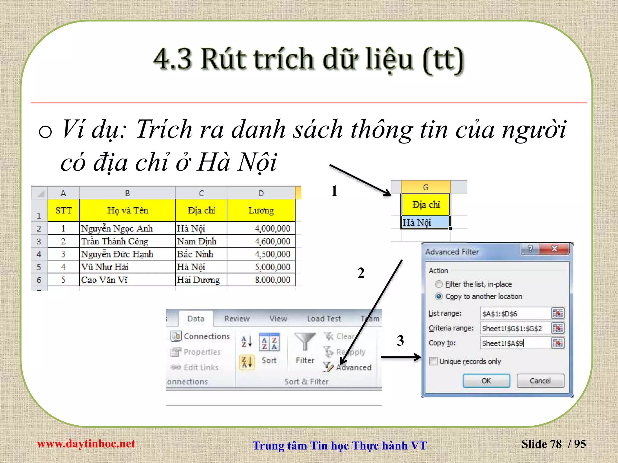 www.daytinhoc.net Trung tâm Tin học Thực hành VT Slide 78 / 95
o Ví dụ: Trích ra danh sách thông tin của người
có địa chỉ ở Hà Nội
1
2
3
 