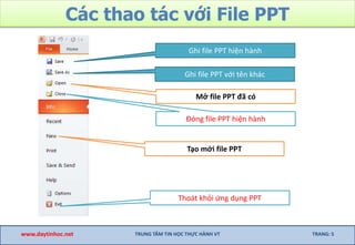 Các thao tác với File PPT
www.daytinhoc.net TRUNG TÂM TIN HỌC THỰC HÀNH VT TRANG: 5
Tạo mới file PPT
Ghi file PPT hiện hành
Ghi file PPT với tên khác
Mở file PPT đã có
Đóng file PPT hiện hành
Thoát khỏi ứng dụng PPT
 