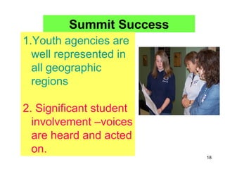 Summit Success Youth agencies are well represented in all geographic regions  2. Significant student involvement –voices are heard and acted on. 