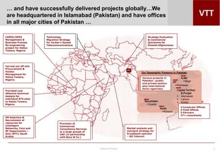Telecom Practice 3
CAPEX/OPEX
Management &
Business Process
Re-engineering
project for Helios
Towers, Nigeria
Carried out off-site
Procurement &
Vendor
Management for
Helios Towers,
Nigeria
Provided cost
effective technical
designs for
individual BTS sites
to Helios Towers,
Nigeria
… and have successfully delivered projects globally…We
are headquartered in Islamabad (Pakistan) and have offices
in all major cities of Pakistan …
Market analysis and
outreach strategy for
broadband operator
– GO Telecom
Strategy Evaluation
& Commercial
Quickwins for
Etisalat Afghanistan
Technology
Migration Strategy
for Jordan’s Xpress
Telecommunications
HR Selection &
Recruitment of
resources for
Intelligent
Networks, Core and
RF Departments --
Zain (MTC) Saudi
Arabia
Provision of
Commercial
Consultancy Services
to a large groups of
UAE (in partnership
with Booz & Co.)
AJ&K
 Bagh
Capital Territory
& Punjab
 Islamabad
 Lahore
 Multan
KP
 Peshawar
Sindh
 Karachi
Baluchistan
 Quetta
Our Geographic Presence in Pakistan
Various projects in
Pakistan (public
and private sectors
plus international
donor agencies)
3 Corporate Offices
5 Field Offices
5 Partners
37+ consultants
 