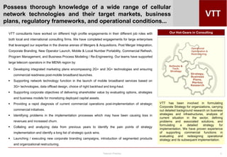 Telecom Practice 5
VTT has been involved in formulating
Corporate Strategy for organizations, carrying
out detailed background research on business
strategies and infrastructures, analysis of
current situation in the sector, defining
problems and associated solutions, and
formulating a detailed strategy for
implementation. We have proven experience
of supporting commercial functions in
evaluating and redesigning operational
strategy and its subsequent implementation.
 Developing integrated marketing plans encompassing 2G+ and 3G+ technologies and ensuring
commercial readiness post-mobile broadband launches.
 Supporting network technology function in the launch of mobile broadband services based on
3G+ technologies, data offload design, choice of right backhaul and long-haul.
 Supporting corporate objectives of delivering shareholder value by evaluating options, strategies
and business models for monetizing deployed capital assets.
 Providing a rapid diagnosis of current commercial operations post-implementation of strategic
commercial initiatives.
 Identifying problems in the implementation processes which may have been causing loss in
revenues and increased churn.
 Collating and analyzing data from previous years to identify the pain points of strategy
implementation and identify a long list of strategic quick wins.
 Launching / executing new corporate branding campaigns, introduction of segmented products
and organizational restructuring.
Our Hot-Gears in Consulting
Strategy,
Business
Plans,
Markey
Research
Rollouts &
Tech.
Strategy
Operational
Optimization &
Restructuring
Possess thorough knowledge of a wide range of cellular
network technologies and their target markets, business
plans, regulatory frameworks, and operational conditions...
VTT consultants have worked on different high profile engagements in their different job roles with
both local and international consulting firms. We have completed engagements for large enterprises
that leveraged our expertise in the diverse arenas of Mergers & Acquisitions, Post Merger Integration,
Corporate Branding, New Operator Launch, Mobile & Local Number Portability, Commercial Refresh,
Program Management, and Business Process Modeling / Re-Engineering. Our teams have supported
large telecom operators in the MENA region by:
 