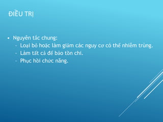 • Nguyên tắc chung:
– Loại bỏ hoặc làm giảm các nguy cơ có thể nhiễm trùng.
– Làm tất cả để bảo tồn chi.
– Phục hồi chức năng.
ĐIỀU TRỊ
 