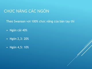 Theo Swanson với 100% chức năng của bàn tay thì
• Ngón cái 40%
• Ngón 2,3: 20%
• Ngón 4,5: 10%
CHỨC NĂNG CÁC NGÓN
 