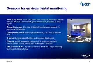 Click to edit Master title style
 Click to edit Master text styles
 Second level
 Third level
 Fourth level
 Fifth level
1119/03/2015 11
Sensors for environmental monitoring
Value proposition: Small form factor environmental sensors for lighting
devices. Sensors can measure gases, illumination, radiation or audio
signals.
Competitive edge: Low-cost, industrial manufacturing process for
environmental sensors.
Development phase: Several prototype sensors and demonstrators
exist.
IP status: Several patent families and invention disclosures.
Offering: MEMS sensors for gas (incl. CO2 and humidity), flow,
particle, noise, context awareness, proximity etc. detection.
R&D infrastructure: Largest cleanroom in Northern Europe including
commercial manufacturing.
« BACK
 