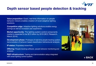 Click to edit Master title style
 Click to edit Master text styles
 Second level
 Third level
 Fourth level
 Fifth level
1819/03/2015 18
Depth sensor based people detection & tracking
Value proposition: Exact, real-time information on people
behavior indoors enables creation of novel adaptive lighting
solutions.
Competitive edge: Adaptive lighting solutions enable energy
savings as well as increased user experience.
Market opportunity: The lighting system control components
market is expected to be $2.5 billion by 2018 (BCC Research,
March 2014).
Development phase: Prototype of real-time people tracking system,
demonstration of behavior based classification behavioural analysis.
IP status: Proprietary know-how.
Offering: People tracking software, people behavior monitoring and
analysis.
R&D infrastructure: Testing and demonstration setup integrated
with smart lighting control system.
« BACK
 