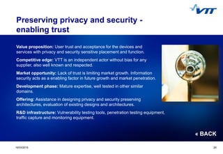 Click to edit Master title style
 Click to edit Master text styles
 Second level
 Third level
 Fourth level
 Fifth level
2019/03/2015 20
Value proposition: User trust and acceptance for the devices and
services with privacy and security sensitive placement and function.
Competitive edge: VTT is an independent actor without bias for any
supplier, also well known and respected.
Market opportunity: Lack of trust is limiting market growth. Information
security acts as a enabling factor in future growth and market penetration.
Development phase: Mature expertise, well tested in other similar
domains.
Offering: Assistance in designing privacy and security preserving
architectures, evaluation of existing designs and architectures.
R&D infrastructure: Vulnerability testing tools, penetration testing equipment,
traffic capture and monitoring equipment.
Preserving privacy and security -
enabling trust
« BACK
 