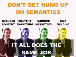 27
DON’T GET HUNG UP
ON SEMANTICS
CONTENT
MARKETING
INBOUND
MARKETING
LINK
BUILDING
BRANDED
CONTENT
IT ALL DOES THE
SAME J...