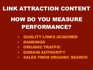 31
• QUALITY LINKS ACQUIRED
• RANKINGS
• ORGANIC TRAFFIC
• DOMAIN AUTHORITY
• SALES FROM ORGANIC SEARCH
HOW DO YOU MEASURE...