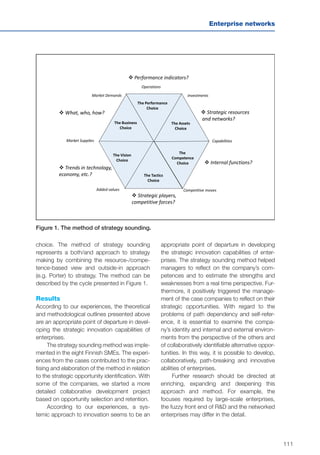 111
Enterprise networks
choice. The method of strategy sounding
represents a both/and approach to strategy
making by combining the resource-/compe-
tence-based view and outside-in approach
(e.g. Porter) to strategy. The method can be
described by the cycle presented in Figure 1.
Results
According to our experiences, the theoretical
and methodological outlines presented above
are an appropriate point of departure in devel-
oping the strategic innovation capabilities of
enterprises.
The strategy sounding method was imple-
mented in the eight Finnish SMEs. The experi-
ences from the cases contributed to the prac-
tising and elaboration of the method in relation
to the strategic opportunity identification. With
some of the companies, we started a more
detailed collaborative development project
based on opportunity selection and retention.
According to our experiences, a sys-
temic approach to innovation seems to be an
 
The Business
Choice
The Vision
Choice
The Tactics
Choice
The 
Competence
Choice
The Assets
Choice
The Performance
Choice
Market Demands
Market Supplies
Added values Competitive moves
Operations
Capabilities
Investments
 What, who, how?
 Trends in technology,
economy, etc.?
 Strategic resources
and networks?
 Internal functions?
 Strategic players,
competitive forces?
 Performance indicators?
Figure 1. The method of strategy sounding.
appropriate point of departure in developing
the strategic innovation capabilities of enter-
prises. The strategy sounding method helped
managers to reflect on the company’s com-
petences and to estimate the strengths and
weaknesses from a real time perspective. Fur-
thermore, it positively triggered the manage-
ment of the case companies to reflect on their
strategic opportunities. With regard to the
problems of path dependency and self-refer-
ence, it is essential to examine the compa-
ny’s identity and internal and external environ-
ments from the perspective of the others and
of collaboratively identifiable alternative oppor-
tunities. In this way, it is possible to develop,
collaboratively, path-breaking and innovative
abilities of enterprises.
Further research should be directed at
enriching, expanding and deepening this
approach and method. For example, the
focuses required by large-scale enterprises,
the fuzzy front end of R&D and the networked
enterprises may differ in the detail.
 