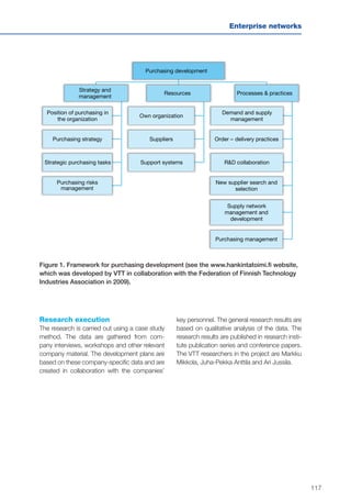 117
Enterprise networks
Figure 1. Framework for purchasing development (see the www.hankintatoimi.fi website,
which was developed by VTT in collaboration with the Federation of Finnish Technology
Industries Association in 2009).
Research execution
The research is carried out using a case study
method. The data are gathered from com-
pany interviews, workshops and other relevant
company material. The development plans are
based on these company-specific data and are
created in collaboration with the companies’
key personnel. The general research results are
based on qualitative analysis of the data. The
research results are published in research insti-
tute publication series and conference papers.
The VTT researchers in the project are Markku
Mikkola, Juha-Pekka Anttila and Ari Jussila.
Purchasing development
Strategy and
management
Position of purchasing in
the organization
Purchasing strategy
Strategic purchasing tasks
Purchasing risks
management
Resources
Own organization
Suppliers
Support systems
Processes & practices
Demand and supply
management
Order – delivery practices
R&D collaboration
New supplier search and
selection
Supply network
management and
development
Purchasing management
 