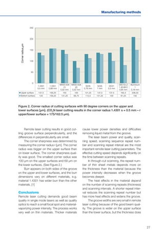 27
Manufacturing methods
Figure 2. Corner radius of cutting surfaces with 90 degree corners on the upper and
lower surfaces [µm]. (CO2
N laser cutting results in the corner radius 1.4301 s = 0.5 mm – r
upper/lower surface = 175/162.5 µm).
1.4301
0,5 mm
1.4301
0,88 mm
M400-50A
(1)
0,52 mm
M400-50A
(2)
0,52 mm
S235
0,76 mm
S235
1 mm
DC01
0,5 mm
DX51D+Z
1 40-M-C
0,64 mm
Aluminium
1
0,16 mm
Upper surface 137,5 156,25 150 100 131,25 137,5 137,5 162,5 208,33
Bottom surface 125 156,25 131,25 68,75 112,5 131,25 100 81,25 150
0
50
100
150
200
250
Cornerradius,µm
Remote laser cutting results in good cut-
ting groove surface perpendicularity, and the
differences in perpendicularity are small.
The corner sharpness was determined by
measuring the corner radius r [µm]. The corner
radius was bigger on the upper surface than
on lower surface. The corner sharpness qual-
ity was good. The smallest corner radius was
100 µm on the upper surfaces and 69 µm on
the lower surfaces. (See Figure 2.)
Burr appears on both sides of the groove
on the upper and lower surfaces, and the burr
dimensions vary on different materials, e.g.
material 1.4301 has wider burr than the other
materials. [1]
Conclusions
Remote laser cutting demands good beam
quality in single mode lasers as well as quality
optics to reach a small focal spot and material-
vaporizing power intensity. The process works
very well on thin materials. Thicker materials
cause lower power densities and difficulties
removing liquid metal from the groove.
The laser beam power and quality, scan-
ning speed, scanning sequence repeat num-
ber and scanning repeat interval are the most
important remote laser cutting parameters. The
effective cutting speed depends significantly on
the time between scanning repeats.
In through-cut scanning, the repeat num-
ber of thin sheet metals depends more on
the thickness than the material because the
power intensity decreases when the groove
becomes deeper.
The heat effects in the material depend
on the number of scanning repeats (thickness)
and scanning intervals. A shorter repeat inter-
val reduces the scanning repeat number but
has more heat effects and widens the groove.
The groove widths are very small in remote
laser cutting because of the good beam qual-
ity. The groove is wider on the upper surface
than the lower surface, but the thickness does
 