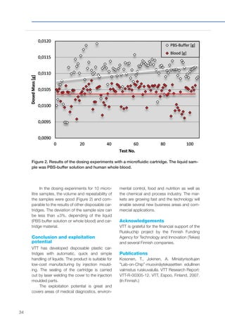 34
In the dosing experiments for 10 micro-
litre samples, the volume and repeatability of
the samples were good (Figure 2) and com-
parable to the results of other disposable car-
tridges. The deviation of the sample size can
be less than ±3%, depending of the liquid
(PBS buffer solution or whole blood) and car-
tridge material.
Conclusion and exploitation
potential
VTT has developed disposable plastic car-
tridges with automatic, quick and simple
handling of liquids. The product is suitable for
low-cost manufacturing by injection mould-
ing. The sealing of the cartridge is carried
out by laser welding the cover to the injection
moulded parts.
The exploitation potential is great and
covers areas of medical diagnostics, environ-
mental control, food and nutrition as well as
the chemical and process industry. The mar-
kets are growing fast and the technology will
enable several new business areas and com-
mercial applications.
Acknowledgements
VTT is grateful for the financial support of the
Ruiskuchip project by the Finnish Funding
Agency for Technology and Innovation (Tekes)
and several Finnish companies.
Publications
Kosonen, T., Jokinen, A. Miniatyrisoitujen
”Lab-on-Chip”-muovinäytekasettien edullinen
valmistus ruiskuvalulla. VTT Research Report:
VTT-R-00305-12. VTT, Espoo, Finland, 2007.
(In Finnish.)
Figure 2. Results of the dosing experiments with a microfluidic cartridge. The liquid sam-
ple was PBS-buffer solution and human whole blood.
 