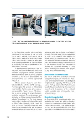 44
of 5 to 50% of the bulk Cu conductivity with
post-sintering temperatures in the range of
120 to 300ºC, and the DWTS copper had a
conductivity of about 40% of the bulk copper
conductivity. The DWTS spinel has good elec-
trical insulating properties on metal surfaces
thus providing the dielectric properties for dif-
ferent sensor structures.
To demonstrate the feasibility of DWP, sil-
ver paste was used to fabricate conductive
structures on polymer substrates. The other
demo consisted of both 2D and 3D polymer
structures. A 3D structure dispensed for the
polycaprolactone (PCL) polymer is presented
in Figure 2.
Different sensor structures were fabri-
cated and tested with the DWTS technique.
Thermocouples (TC) sprayed on 2D samples
were tested in the laboratory giving reasona-
ble repeatability. Figure 2 shows TCs depos-
ited on curved surfaces for temperature dem-
onstration purposes. The strain gauges were
fabricated on 2D samples and tested by Mes-
oScribe Technologies Inc. The strain gauges
performed in a similar way to those fabricated
by MesoScribe. However, some needs for
more tuning and material improvement were
distinguished for more stable and repeatable
measurement results. Strain gauges to meas-
ure torque were also fabricated on a cylindri-
cal shaft. Since the spray gun is manipulated
by a robot, it is possible to make deposits on
complicated component structures. The sen-
sors were evaluated with a repeated pulsating
load. The results showed good performance
for the sensors compared with the reference
sensors and proved the feasibility of using
DWTS technology to fabricate stain gauges
for, e.g., torque measurement [1].
Discussion and conclusions
The results and demo evaluations showed
good performance by DW materials and struc-
tures. Several demonstrations provided good
insights into the capability of techniques and
proved the huge potential the DW techniques
have for future manufacturing. However, more
research and development of the material
used is needed in order to improve the mate-
rial performance.
Exploitation potential
As Direct Write (DW) technology enables new
production techniques and solutions for elec-
tronics and the integration of electronics onto
mechanical components it has a wide applica-
tion field and huge potential in the future. The
DWP technique enables miniaturization in elec-
Figure 1. (a) The DWTS manufacturing cell with a 6-axis robot. (b) The DWP (nScrypt)
CAD/CAM compatible facility with a two pump system.
a) b)
 