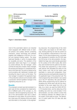 75
Factory and enterprise systems
ment of the automation island is an industrial
robot equipped with different kinds of exter-
nal sensors and auxiliary devices combining
mechanics, sensor technology and software
together with intelligence in the form of a con-
trol and decision-making system. This gives
high-level flexibility in terms of programmabil-
ity, reusability and price. The operation of the
automation island (see Figure 1) is managed
by control software, the ‘isle manager’, which
controls the execution of tasks. It also manages
the sensing and reactions to unexpected situa-
tions in the robot cell. The work is carried out by
communicating with distributed modules and
providing the ways to carry out the tasks. The
‘isle manager’ is located in the application layer
in the production cell and communicates within
a production call and workflow manager in the
engineering resources. [2, 3]
Results
The proposed concept was demonstrated in a
pilot case [4] that considered the implementa-
tion of different parts of the concept, i.e., the
production cell and engineering resources. The
aim of the demonstration task was to deburr
the bevels of a work object. As source informa-
tion, there was a 2D drawing of the work object
and information on the bevels. In the engineer-
Figure 1. Automation island.
Off-line programming
Simulation
Virtual Sensors
Order parameters
3D CAD
Materials
Control Layer
Mechanics Layer
Manipulator
Fixtures, grippers,
material handing devices, ...
Monitoring Data
Final Products
Learnig
Quality Management
Harware CommunicationSensors
Adaption Software
ing resources, the programming of the robot
motion paths was based on 2D CAD draw-
ings. Sensing planning can also be carried out
for the localization measurements of the work
object. For the robot programming, a converter
was developed to transform the 2D CAD data
into 3D format. In the demonstration, the task-
related tool tags were automatically generated
for the surface of the CAD model, after which
they were transformed into paths for the robot.
This phase was supported by a robot motion
path planner that calculated the paths for the
robot motion such that all the points were
reachable in a same joint configuration. Engi-
neering resources would generate programs for
the application layer in the production cell. This
robot programming demonstration was carried
out in the VTT laboratory. We used the ENVI-
SION off-line programming tool by Delmia for
visualizing the virtual robot cell and the trans-
formation of the work object from 2D to 3D
data. As a robot, we used the KUKA KR150-
L110 industrial robot, and the deburring of the
bevelling was done by a tool emulator. In the
demonstration, we were content to show that
the interfacing between the different parts of
the system could easily be done. The genera-
tion of motion paths from 2D data was also
successful.
 